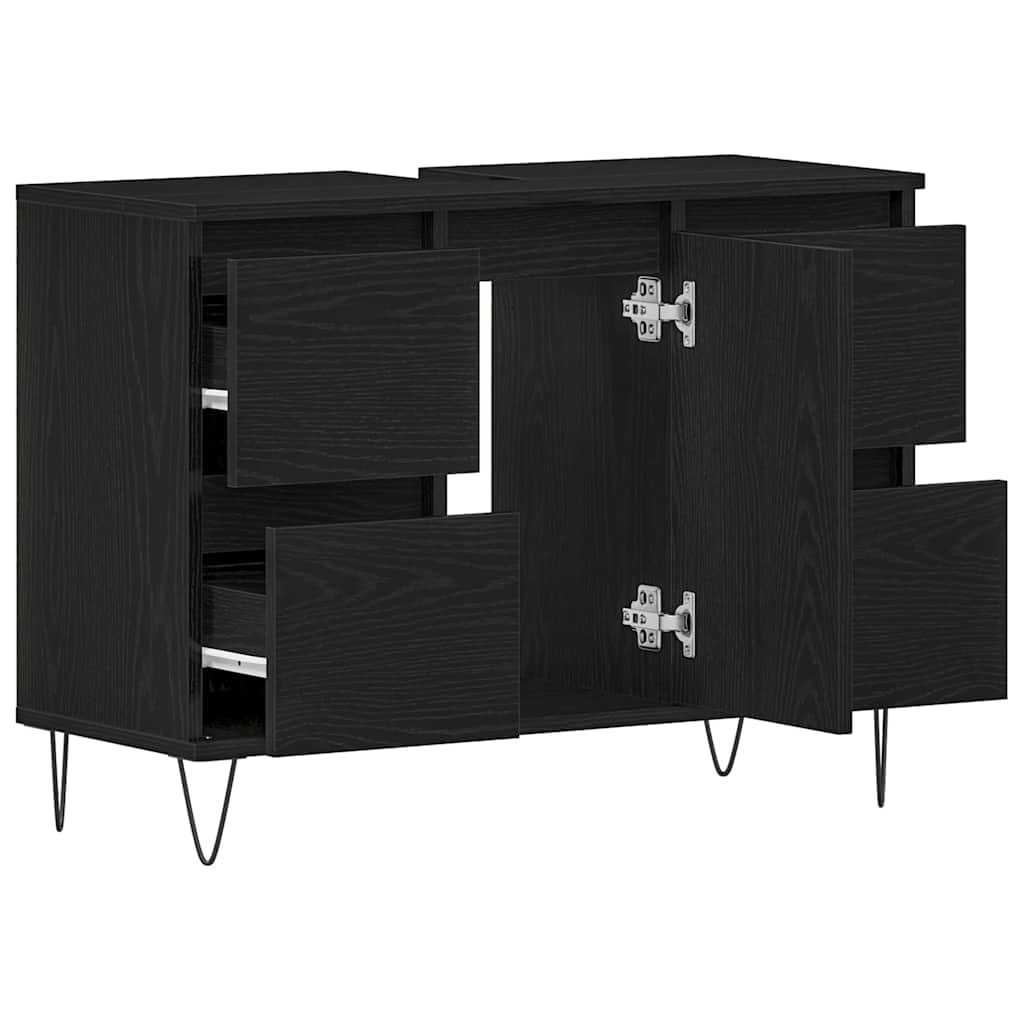 Szafka pod umywalkę, czarna, imitacja dębu, wykonana z materiału drewnopochodnego, 80 x 33 x 60 cm, z 4 szufladami i regałem, mebel łazienkowy, miejsce do przechowywania łazienki, WC dla
