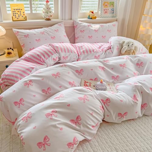 Freyamy Bettwäsche 220x240 Rosa Schleifen Herzen Gestreifte Bettwäsche Set – Ansicht 4