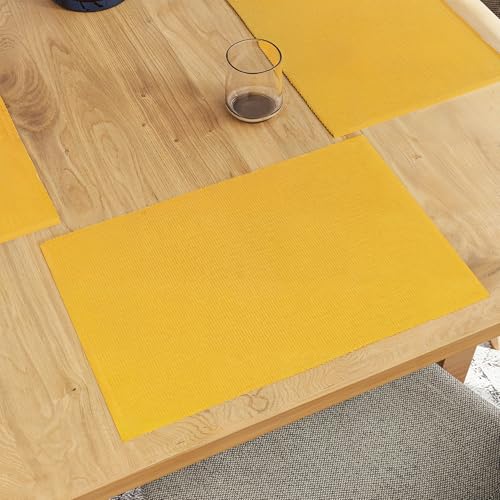 Image of Encasa XO Dining Table Mats Set of 6, Ribbed Cotton Table Mat 48x32 cm | Handmade Heat Resistance Table Placemats, Non Slip, Washable & Durable Place Mat for Centre Table, Living Room Yellow