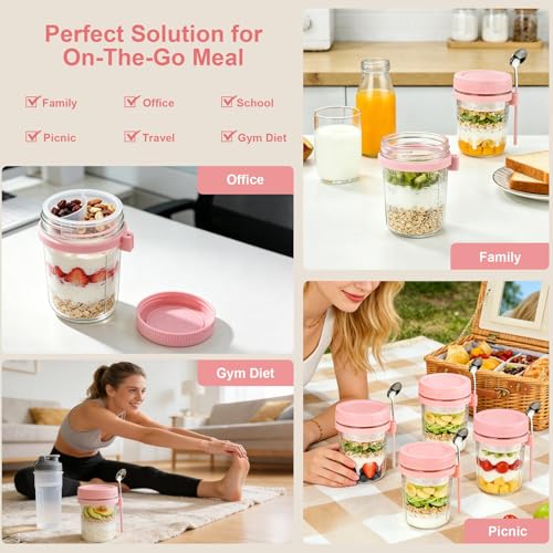 Image of 4 Pack Overnight Oats Containers with Lids and Spoons - 16 oz Glass Mason Jars with Dressing Cup, Over night Oat Jars for Meal Prep, Yogurt Parfait Cup for Chia Seed Salad (Pink)