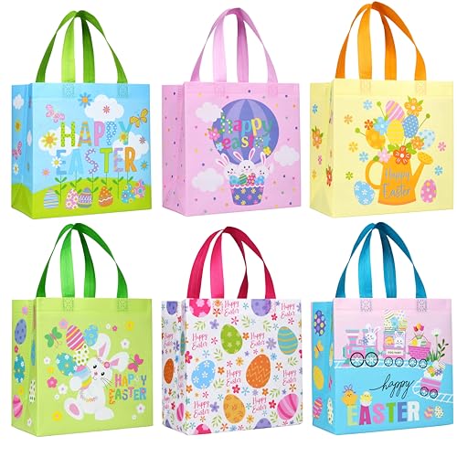 SUNCOLOR Easter Gift Bags 6 Pack Non-Woven Tote Bags with Bunny Design 9x9x4.7 Inch Reusable Party Supplies for Kids Egg Hunt Games