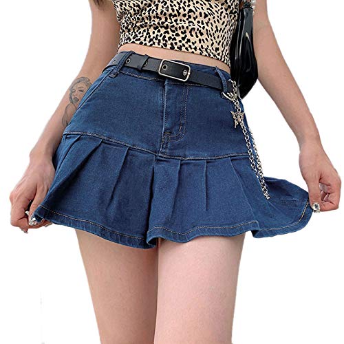 Women Y2K Pleated Jean Skirt Casual Low Waist Ruffle A Line Flare Denim Mini Skirt Summer Going Out Streetwear