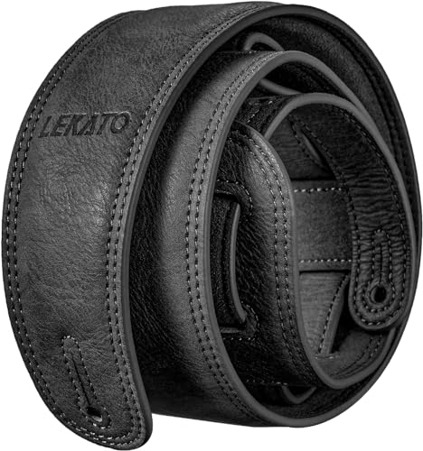 LEKATO Gitarrengurt aus Leder mit dicker Schaumstoffpolsterung, breiter Bassgitarrengurt für Bass, E-Gitarre, Akustikgitarre, klassische Gitarre, verstellbarer Ledergurt, Länge von 41' bis 51'