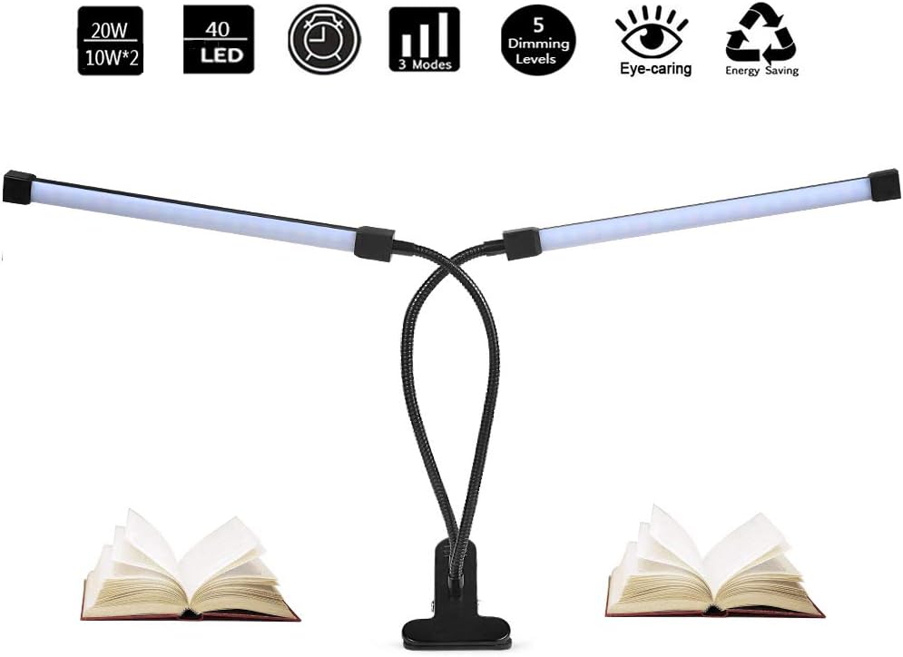 12W Dimmable LED Reading Light Clip on Light for Desk, Bed Headboard, Computer, DZLight Eye-Care Flexible Clip on Desk Lamp with 3 Modes 5-Level Dimmer and Auto Off Timer, 5V/2A Adapter Included