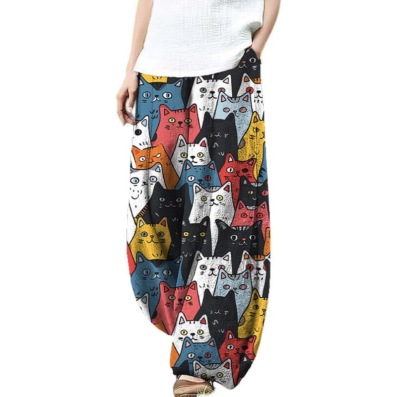MARSVOVO Harem Pants for Women Wide Leg Loose Funny Cute Animal Graphic with Pockets Casual Outdoor Palazzo Pants Women