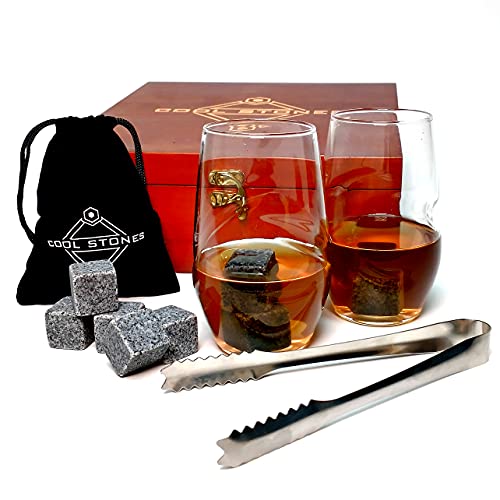 Cool Stones Whiskey Glass and Whiskey Stones Gift Set, 8 Granite Whiskey Stones, 2 Glasses, Tongs, Oak Wood Box, Great Gift For Fathers, Brothers, Boyfriends for Anniversaries or Birthdays