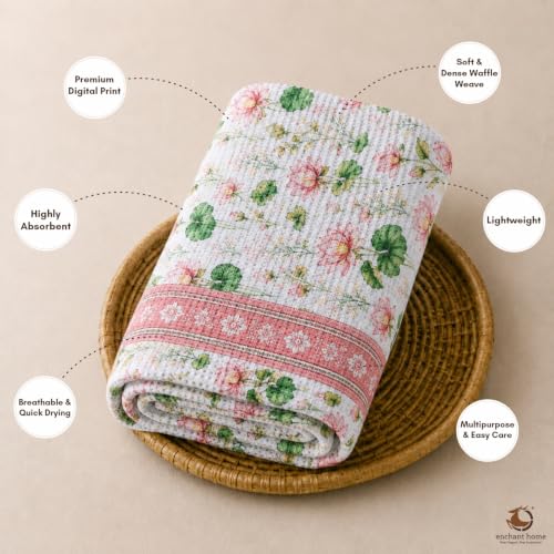 Image of Pure Cotton Printed Waffle Towel | Lightweight | Antimicrobial and Water Absorbent | Soft Touch Quick-Drying Bath Towel (Lotus Serene, Pack of 1)