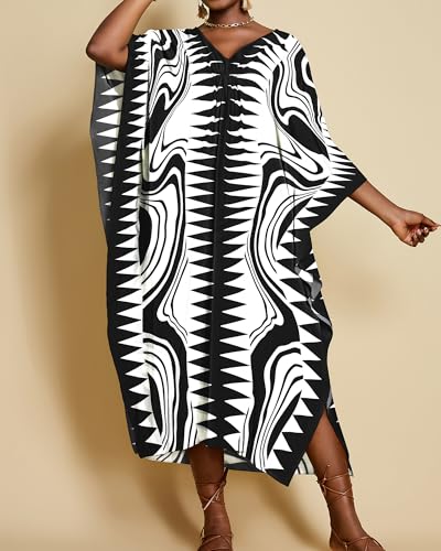 Bsubseach Kaftan Dresses for Women Geometric Print Caftan Long Beach Swimsuit Cover Up Loungewear Dress2