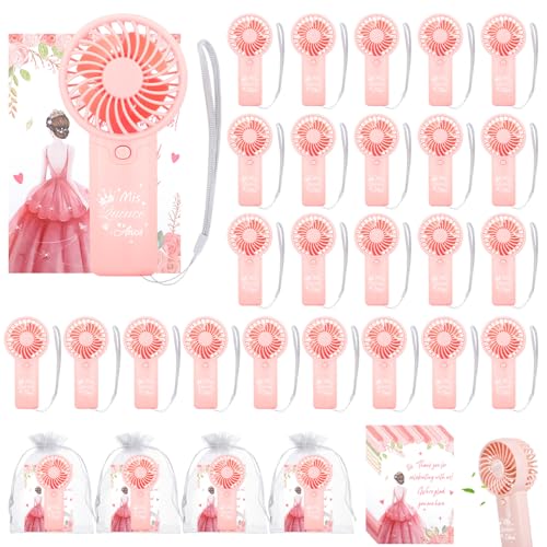 25Pcs Quinceanera Mini Handheld Fans for Guests, Mis Qunice Battery Powered Portable Fans with Thank You Tags and Gift Bag for Sweet 15 Birthday Party Favors(Battery Not Include) (25, Quince Pink)