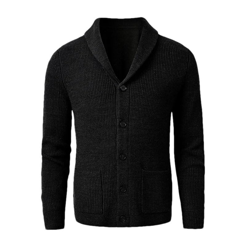 Hgvcfcv Men's Shawl Collar Cardigan Sweater Slim Fit Cable Knit Button Up Black Merino Wool Sweater