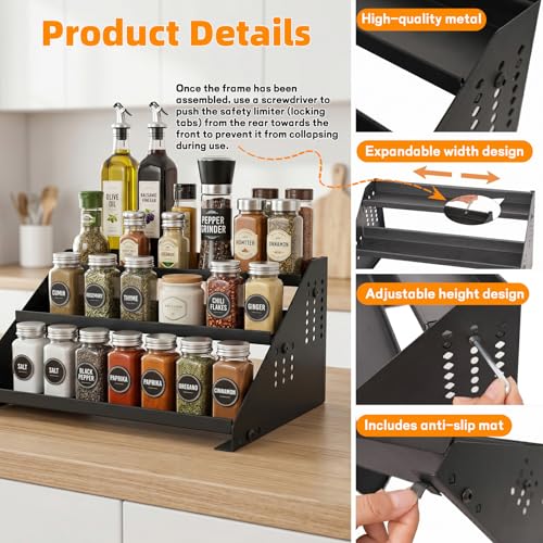 RICHMYC-3-Tier-Spice-Rack-Organizer-13-22-Expandable-Height-Adjustable-Metal-Spice-Organization-for-Cabinet-Kitchen-Seasoning-Organizer-Anti-Slip-Guardrail-Spice-Storage-for-Countertop-Pantry