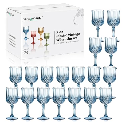 Opiniones de Copas de agua más recomendados. 45 XUWAIDSGN 24 piezas de 7 oz de copas de vino de plástico vintage, copas de agua de cristal irrompibles, vajilla de boda, copas de champán vintage reutilizables (24, azul)