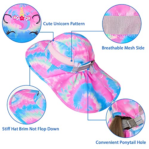 Kids Sun Hat Uv Protection Unicorn Summer Beach Play Hats Wide Brim Neck Flap For Girls 2-9 Years, Pink Blue Tie Dye #TOP3