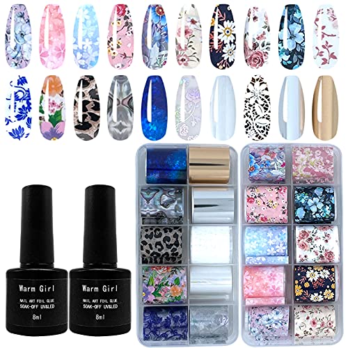 Warm Girl Nail Art Foil Glue Gel with Starry Sky Star Foil Stickers Set Nail Transfer Tips Nail Prints Manicure Art DIY 8ML, 20PCS Stickers, Natural Flower Nail Foil Stickers Curing Lamp Required