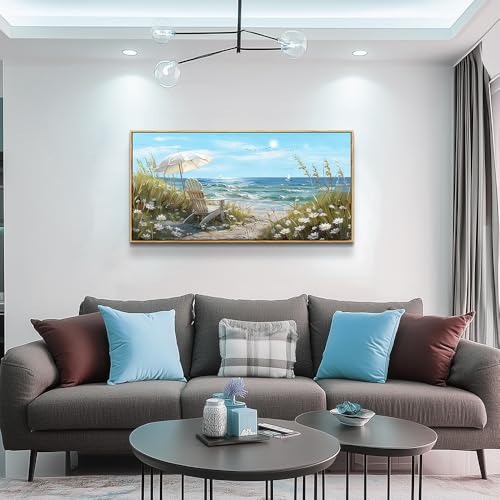 ERQINHUA Large Wall Decor For Living Room Canvas Wall Art For Restaurant Office Decorations Blue Sea Ocean Paintings Beach Chair Wall Pictures Modern Home Decor Ready To Hang Wood Framed 20x40 In