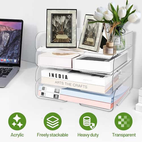 WUSUPU 4-Stöckige Ablagekorb für A4,Acryl Briefablage in Premium-Qualität,Dokumentenablage aus PET Kunststoff,Transparent Ablagefächer Stapelbar für Bücher Notizen Zuhause Büro Schule Organisieren