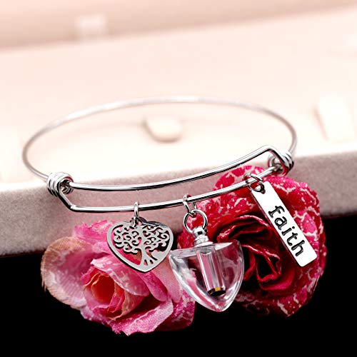 Image of Uloveido Mustard Seed Faith Tree Bangle Bracelet, Stainless Steel, with Glass Charm Bottle Case Y757