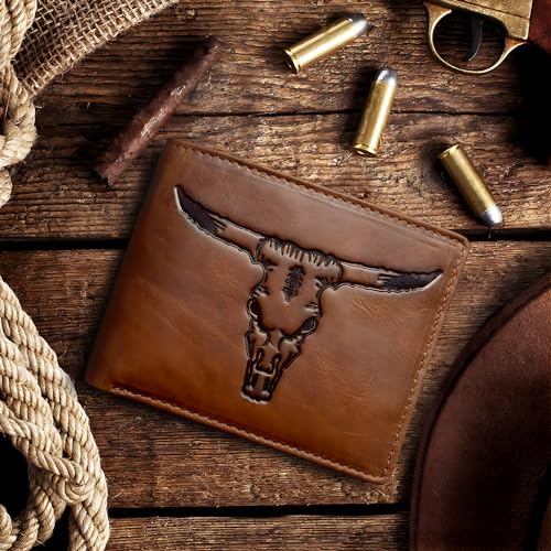 Texas Longhorn Bifold Wallet - Western Wallet for Men -Longhorn Cowboy Wallet - RFID Blocking & 9 Card Slots - Distressed Leather Cowboy Wallet for Men4