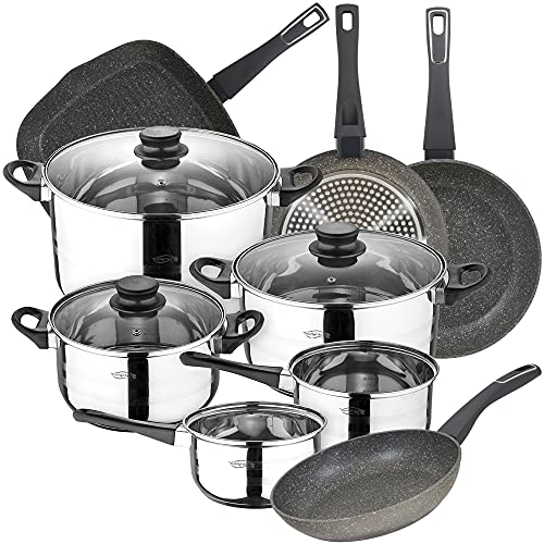 Bateria de cocina 8 piezas SAN IGNACIO Toledo, acero inoxidable, con juego sartenes (20/24/28...