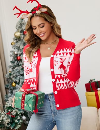 Dosieyeo Damen Strickjacke mit Knopfleiste Weihnachtsjacke mit Rentiermuster Langarm V Ausschnitt Feinstrick Cardigan,L