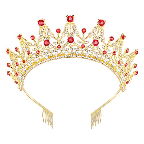 Makone Queen Crown for Womens Gold Tiara with Red Rhinestone for Halloween Birthday Girls Prom Christmas Xmas Halloween Bridal Party