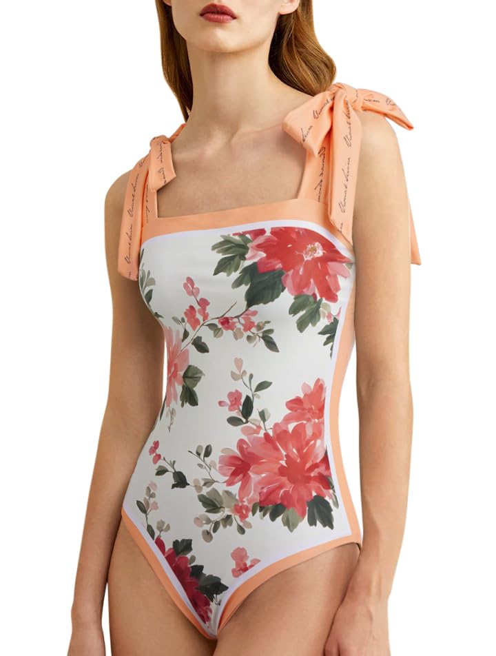 Image of SKAYS Reversible Floral One Piece Swimsuit Women Bathing Suit Vintage Cute with Adjustable Straps Swimwear