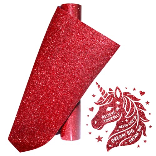 Image of Red Glitter Heat Transfer Vinyl Red Glitter Vinyl Glitter HTV Vinyl Rolls Pack 12Inch x 5Feet Iron on Vinyl for Cricut T-Shirts DIY Design, Silhouette Cameo & Heat Press Machine