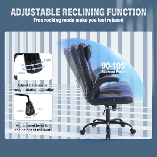 Image of Sweetcrispy Ergonomic Gaming Desk Chair - Computer Video with Comfy Lumbar Support and headrest, PU Leather with Flip-up Arms, Adjustable Height and Swivel Wheels, Home and Office, Blue