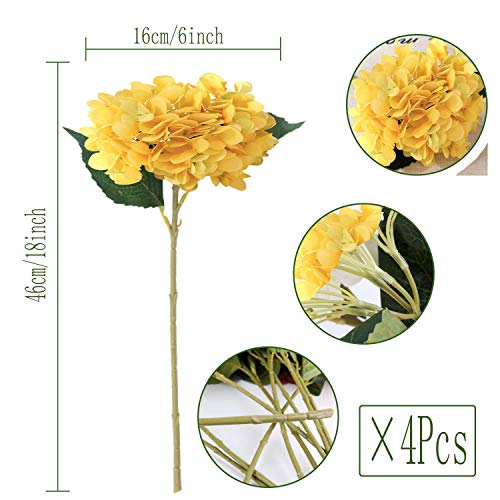 FagusHome Kunstbloemen 4 Stuks Zijden Hortensia Bloemen Boeketten Nep Hortensia Stengels voor Thuis Bruiloft Decoratie (Geel) - Afbeelding 3