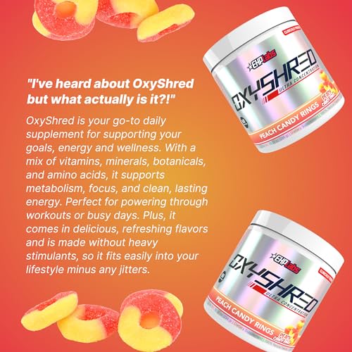 Image of EHP Labs OxyShred Pre Workout Powder - Preworkout Powder with L Glutamine & Acetyl L Carnitine, Energy Boost Drink - Peach Candy Rings, 60 Servings