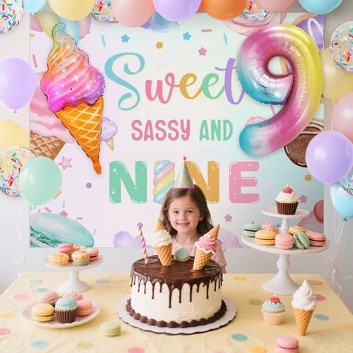 Image of Sweet Sassy and Nine 9th Birthday Decorations for Girls Ice Cream Balloons | 9 Year Old Girl Birthday Decorations Sweet Sassy and 9 Backdrop Ice Cream Banner 9th Birthday Balloon Party Supplies