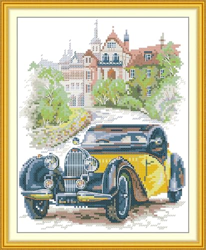 Image of CaptainCrafts Cross Stitch Kits for Adults Counted Cross Stitch Unprinted Fabrics Needlework Craft Home Decor (Counted 14CT, Yellow Classic Car)