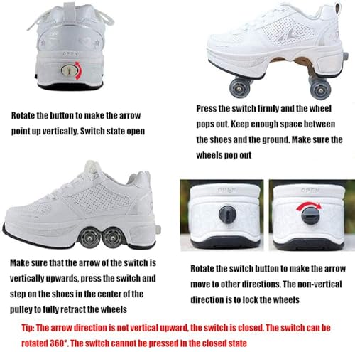 Image of Roller Skates for Women /Girls, Retractable Kick Roller Shoes with Wheels for Men, Outdoor Quad Wheel Rink Skates Adjustable Deformation Sneakers for Adult /Boys