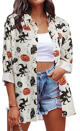 Halloween Shirt Women Hocus Pocus Shirt Halloween Witch Tee Pumpkin Graphic Shirt Long Sleeve Button Down Blouse