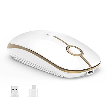VssoPlor Type C Wireless Mouse USB C MacBook Mouse Dual Mode 2.4G Cordless Mice with Nano USB and Type C Receiver Compatible with PC, Laptop, MacBook and All Type C Devices-White and Gold