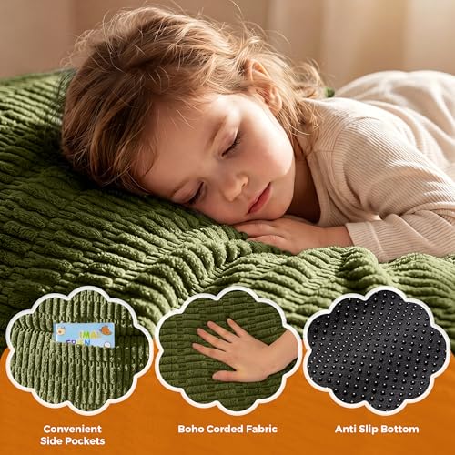 Image of MAXYOYO Kids Bean Bag Chair, Stuffed Toddler Bean Bag Sofa with Filler | Bean Bag Chair for Boys and Girls, Boho Striped Fabric Lazy Sofa with Pocket Floor Chair for Gaming, Reading, Dark Green