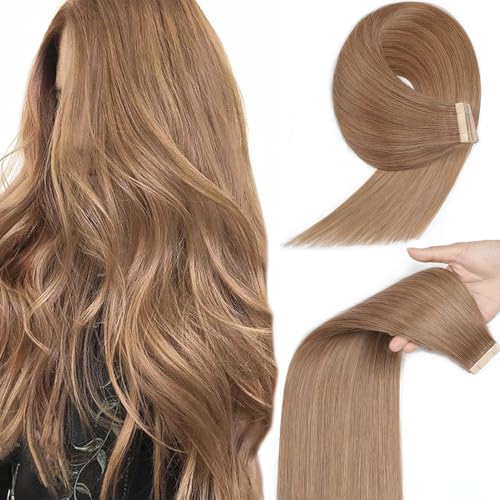 Image of YDDM 20 Inch Tape in Hair Extensions Human Hair Light Brown, 20pcs 100% Remy Human Hair Straight Seamless Invisible Tape in Hair Extensions(30#, 20 Inch)
