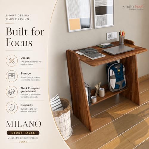 Image of Studio Kook Milano Study Table, Engineered Wood, Modern Computer Desk with Storage Shelf, 80cm Height x 75cm Width, Engineered Wood, Matte Finish, DIY (DO IT Yourself) Assembly (Amber Walnut)