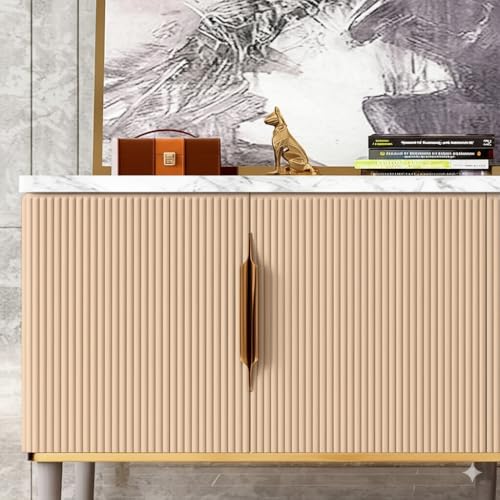 Image of Sonic Console Table, White Marble Top, Charcoal Louvers, Gold Accents, 66 x 15 x 22 Inch, Modern Entryway Storage Cabinet, Waterproof Plywood, PVD-Coated Legs, Elegant TV Unit (Ivery)