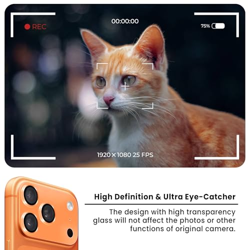 Image of ArmourPro Camera Lens Protector for iPhone 17 Pro 6.3-Inch, Full Coverage 9H Tempered Glass Ring Cover, Matte Metal Plate, Case Friendly | Orange, Pack of 1