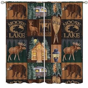 Retro Rustic Style Curtain, Moose Deer Bear Leaf Tree Country Style Farmhouse Blackout Curtains for Living Room Kitchen Study Room Home Set 2 Panels,42x63 Inches Retro Rustic Style Curtain Moose Deer Bear Leaf Tree Country Style Farmhouse Blackout Curtains for Living Room Kitchen Study Room Home Set 2 Panels42x63 Inches