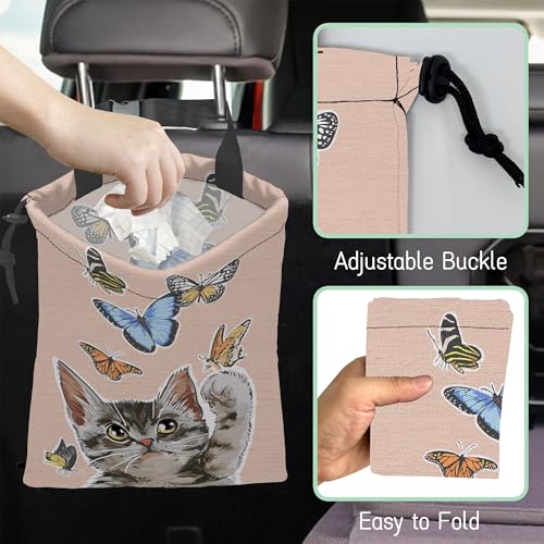 Image of Cute Cat Car Garbage Bag,Flying Butterflies Waterproof Small Car Trash Bag Hanging Back of Seat,Drawstring Hanging Car Trash Bag with Adjustable Buckle for Car Accessories