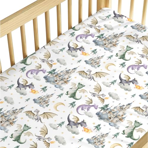 Image of Baby Boy Girl Standard Crib Sheet Covers Dragon Tale Castle, Watercolor Green Moon Cloud Star Tree Snug Fitted Toddler Mattress Sheet, Soft Stretchy Breathable Kid Nursery Bed Decor Gift 52x28