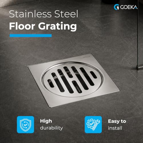 Image of GOEKA Square Lock Grating Stainless Steel Floor Drain 5 inch | Chrome Finish | Double Hole Locking Jali /Trap Floor Drain for Bathroom & Kitchen | Pack of 2 | SS 304 Shower Water Drainer