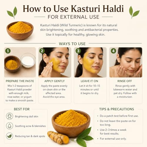 Image of CARMEL ORGANICS Kasturi Haldi /Wild Turmeric Root Powder 100gm | Kasturi Manjal Powder | Poolankilangu | Curcuma Aromatica Root Powder | Natural Skin Care Ingredient | No Added Preservatives
