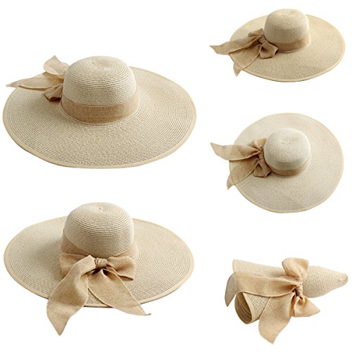 Lanzom Womens Big Bowknot Straw Hat Floppy Foldable Roll Up Beach Cap Sun Hat Upf 50+ (Beige, One Size) #TOP1