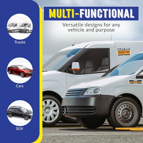 Image of Caution Delivery Driver Frequent Stops Bumper Sticker, 3 Pack, Adhesive Sticker for Vehicles, Two 12x8 inch and One 3x10 inch, Decal for Delivery Cars, Trucks, Van, Full-Color Print, Made in USA