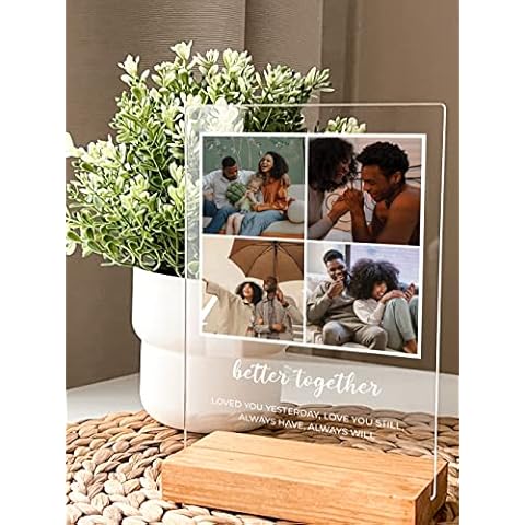 MIRROR MANIA Custom Names & Words Personalized Photo Collage Display Wood Base Table Desk Stand Display Home Décor Gift For Her Him Anniversary Wedding Couple Girlfriend Boyfriend Friends Family Cover