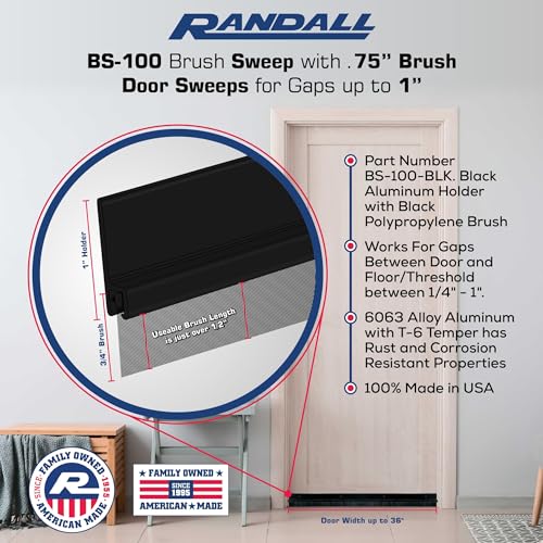 Randall Manufacturing Co., Inc | Door Sweeps – Aluminum & Vinyl | Brush Sweeps for Gaps Up to 1” | Black Trim with Black Brush | 3 Feet | Fill Gaps & Keep Unwanted Debris Out