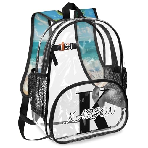 Personalized Palm Tree Coastal Beach Large Clear Backpack Stadium Approved Heavy Duty PVC Plastic Custom Transparent Backpacks See Through Bag with Name2